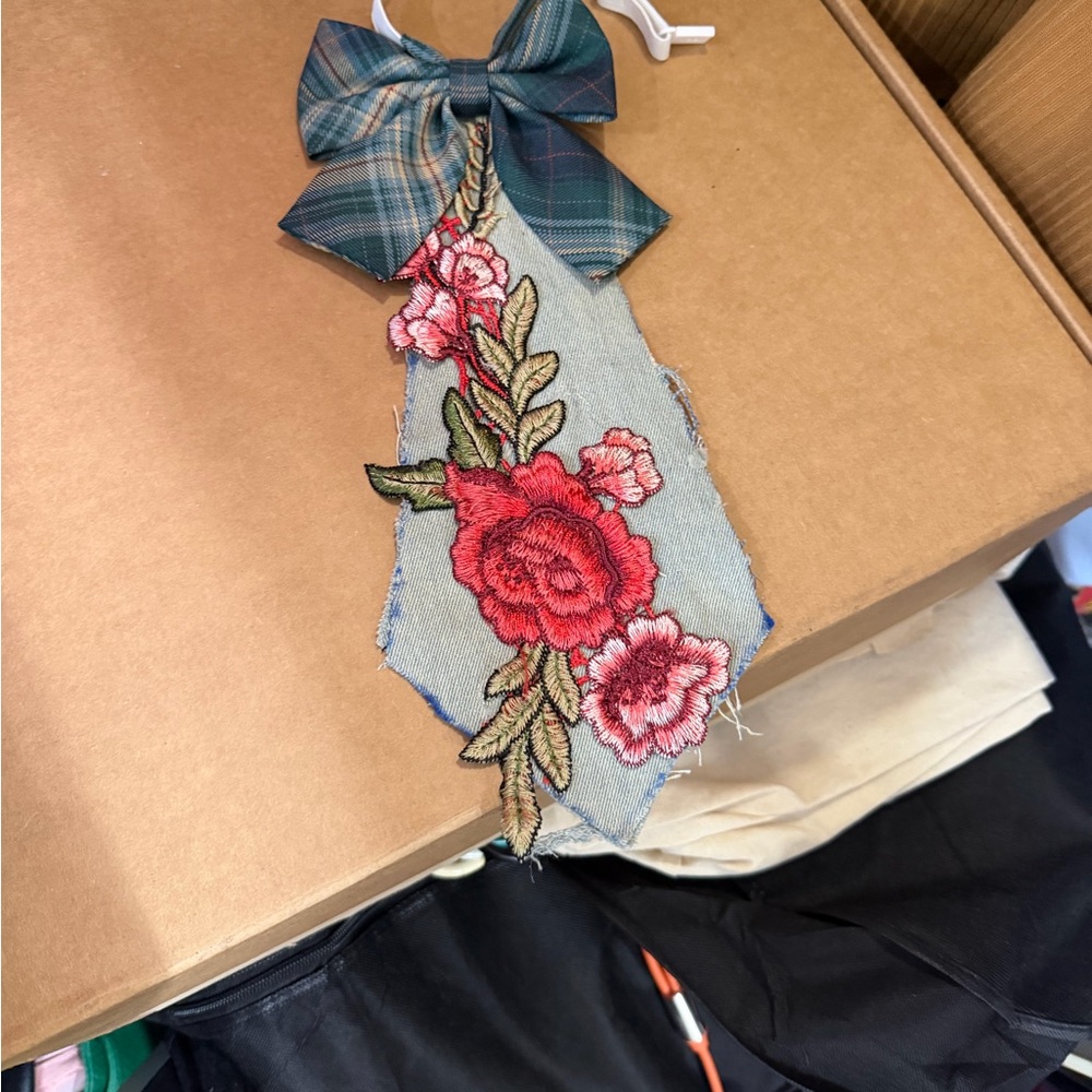 Custom Elegant Floral Embroidered Jean Tie - Red and Green